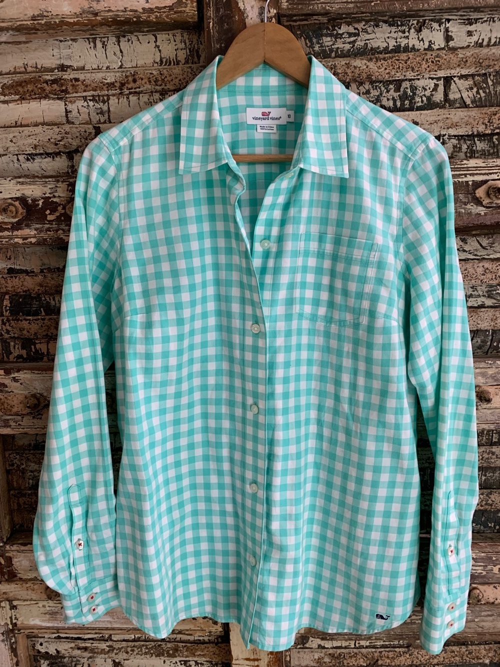 Vineyard Vines Blyden Gingham Relaxed Button Up Shirt, Mint Green, EUC, 10